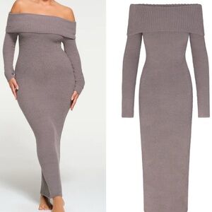 NWT SKIMS Cozy Knit Grey Chalk Off Shoulder Maxi Dress M